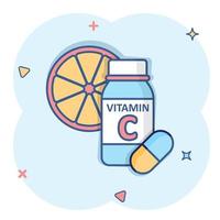 vitamine c icoon in grappig stijl. fles met pil tekenfilm vector illustratie Aan wit geïsoleerd achtergrond. apotheek teken bedrijf concept plons effect.