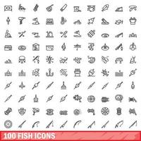 100 vissen iconen set, Kaderstijl vector