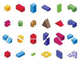 kinderen gebouw blokken pictogrammen reeks isometrische vector. houten speelgoed- vector