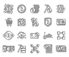 cryptogeld, bitcoin mijnbouw, blockchain pictogrammen vector