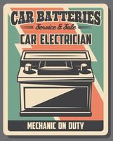 auto batterijen onderhoud, vector retro poster