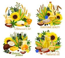 olie flessen met maïs, zonnebloem zaad en olijven vector