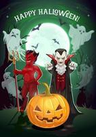 halloween pompoen, vampier en duivel monster kaart vector