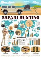 jacht- infografieken, safari jager en uitrusting vector