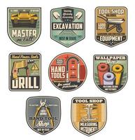 reparatie gereedschap of bouw uitrusting retro badges vector