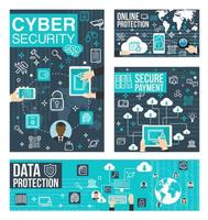 cyber veiligheid en bescherming lijn kunst info poster vector