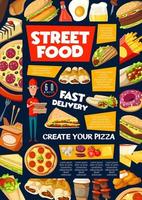 straat en snel voedsel snacks menu, levering onderhoud vector