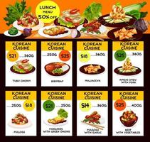 Koreaans keuken Kimchi en vlees gerechten lunch menu vector