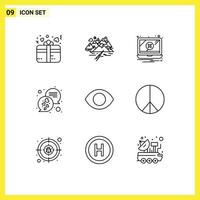 schets pak van 9 universeel symbolen van oog berichten barst liefde waarschuwing bewerkbare vector ontwerp elementen