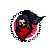 zwart haar- Ninja vervelend rood sjaal masker mascotte vector