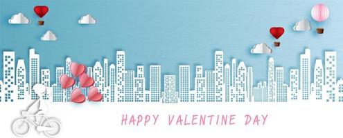 wit silhouet van meisje rijden een fiets met harten ballon met gelukkig Valentijn formulering Aan landschap stad visie en blauw achtergrond. Valentijn groet kaart in papier besnoeiing stijl en vector ontwerp.