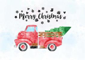 een retro oppakken vrachtauto draag- pijnboom boom in aquarellen stijl met vrolijk Kerstmis brieven en versierd met Kerstmis symbolen Aan licht blauw waterverf en wit achtergrond. vector