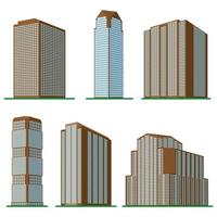 reeks van zes modern hoogbouw gebouw Aan een wit achtergrond. visie van de gebouw van de onderkant. isometrische vector illustratie.