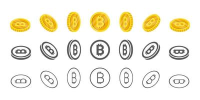 bitcoin munten. omwenteling van pictogrammen Bij verschillend hoeken voor animatie. munten in isometrisch. vector illustratie