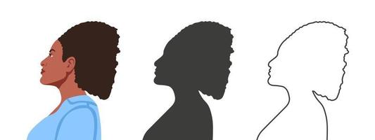 vrouw gezicht van de kant. silhouetten van mensen in drie verschillend stijlen. profiel van een gezicht. vector illustratie