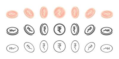 Indisch roepie munten. omwenteling van pictogrammen Bij verschillend hoeken voor animatie. munten in isometrisch. vector illustratie