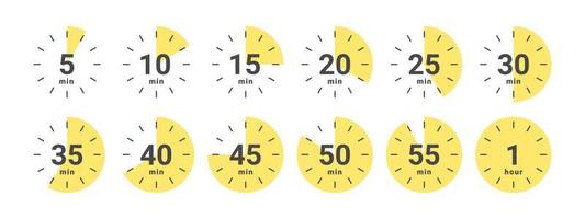 Koken tijd pictogrammen voor voedsel. stopwatch pictogrammen. pictogrammen van tijd in minuten. vector illustratie