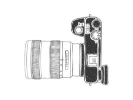 camera top visie. modern camera. camera en lens schetsen. hand getekend afbeelding. vector illustratie