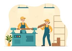 houtbewerking met hout snijdend door modern vakman en arbeider gebruik makend van gereedschap reeks in vlak tekenfilm hand- getrokken sjabloon illustratie vector