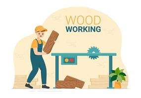 houtbewerking met hout snijdend door modern vakman en arbeider gebruik makend van gereedschap reeks in vlak tekenfilm hand- getrokken sjabloon illustratie vector