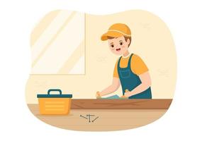 houtbewerking met hout snijdend door modern vakman en arbeider gebruik makend van gereedschap reeks in vlak tekenfilm hand- getrokken sjabloon illustratie vector