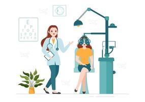 optometrist met oogarts cheques geduldig zicht, optisch oog test en bril technologie in vlak tekenfilm hand- getrokken Sjablonen illustratie vector