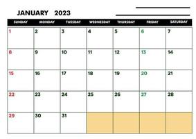 a4 kalender voor agenda of dagboek januari 2023 vector
