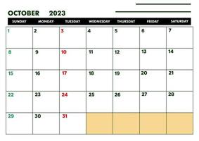 a4 kalender voor agenda of dagboek oktober 2023 vector