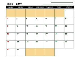 a4 kalender voor agenda of dagboek juli 2023 vector