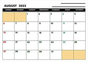 a4 kalender voor agenda of dagboek augustus 2023 vector