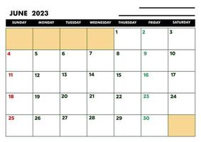a4 kalender voor agenda of dagboek juni 2023 vector