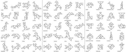 tangram puzzel spel. geïsoleerd tangram lijn pictogrammen met dieren, vogelstand en voorwerpen. vector illustratie