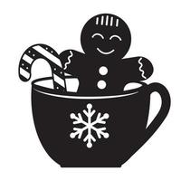 Kerstmis kaart met mooi hoor tekenfilm karakter. peperkoek koekje Mens in een heet kop van cappuccino. vlak ontwerp, vector illustratie