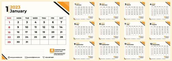 maandelijks kalender 2023 set, week begint van zondag, in oranje zwart schaduw vector
