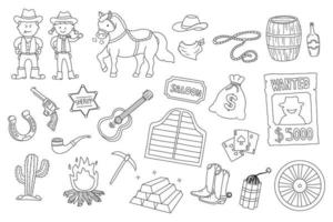 hand- getrokken vector illustratie reeks van wild west elementen inclusief paard en gezocht poster met een cowboy