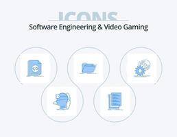 software bouwkunde en video gaming blauw icoon pak 5 icoon ontwerp. catalogus. script. compileren. programmeren. codering vector