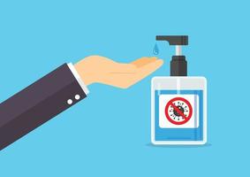 Mens wast zijn handen met zeep van ontsmettingsmiddel pomp fles vector