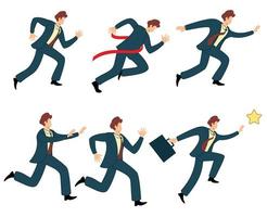 divers uitdrukkingen van zakenlieden in rennen poseert. vlak ontwerp vector illustratie van zakenman rennen na de doelwit