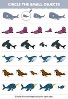 onderwijs spel voor kinderen cirkel de kleinste voorwerp in elk rij van schattig tekenfilm walvis zegel orka walrus narwal afdrukbare onderwater- werkblad vector