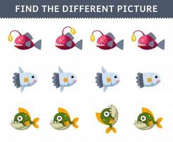 onderwijs spel voor kinderen vind de verschillend afbeelding in elk rij van schattig tekenfilm maanvis piranha afdrukbare onderwater- werkblad vector