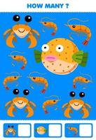 onderwijs spel voor kinderen zoeken en tellen hoe veel afbeeldingen van schattig tekenfilm garnaal krab papegaaiduiker vis afdrukbare onderwater- werkblad vector