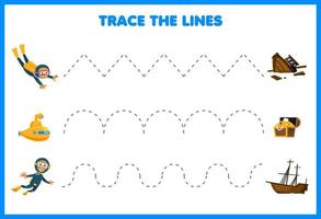 onderwijs spel voor kinderen handschrift praktijk spoor de lijnen met schattig tekenfilm duiker en onderzeeër Actie naar schat borst en vernield schip onderwater- werkblad vector