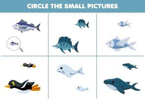 onderwijs spel voor kinderen cirkel de klein afbeelding van schattig tekenfilm vis pinguïn beluga walvis afdrukbare onderwater- werkblad vector