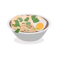 bord met ramen soep met noedels en vlees en ei Aan een wit achtergrond vector