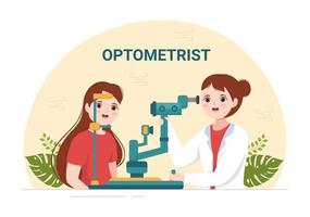 optometrist met oogarts cheques geduldig zicht, optisch oog test en bril technologie in vlak tekenfilm hand- getrokken Sjablonen illustratie vector