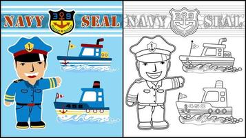 kleur boek van marine soldaat met zee patrouille boot vector