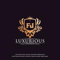 fj eerste brief luxe ornament goud monogram logo sjabloon vector kunst.