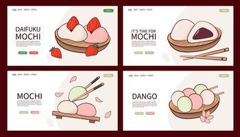 web bladzijde Japan traditie snoepgoed mochi daifuku dango vector illustratie. Japans Aziatisch traditioneel voedsel, Koken, menu concept. banier, website, reclame in tekening tekenfilm stijl.