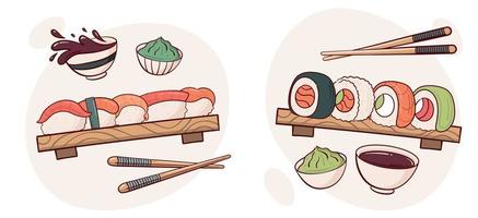 trek nigiri sushi rollen vector illustratie. Japans Aziatisch traditioneel voedsel, Koken, menu concept. tekening tekenfilm stijl.