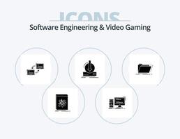 software bouwkunde en video gaming glyph icoon pak 5 icoon ontwerp. dlc. toevoeging. pc. synchroniseren. koppeling vector